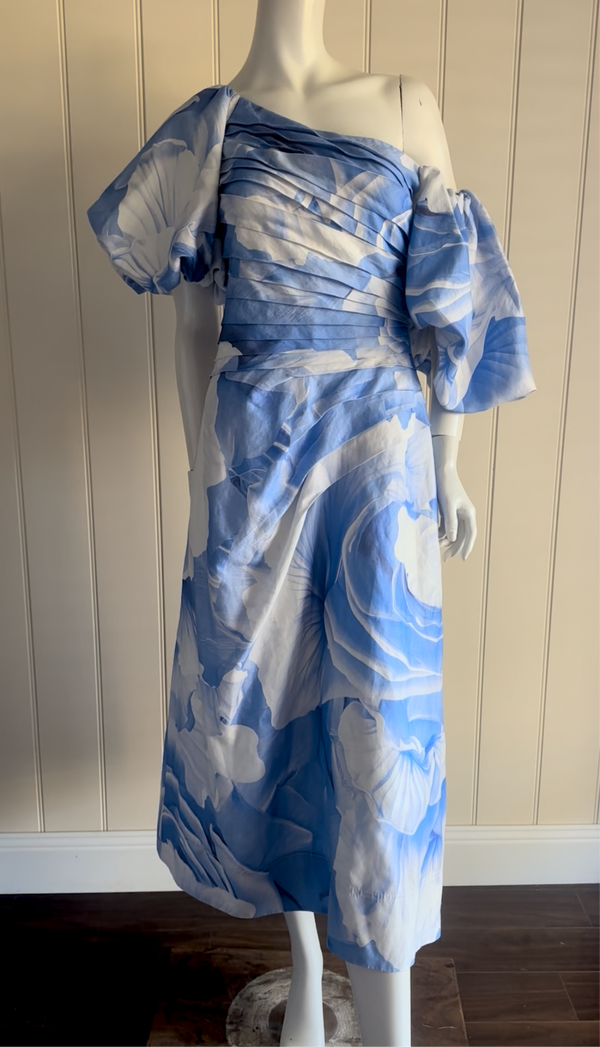 AJE cadence midi dress size 14 floral blue puff sleeve A-line