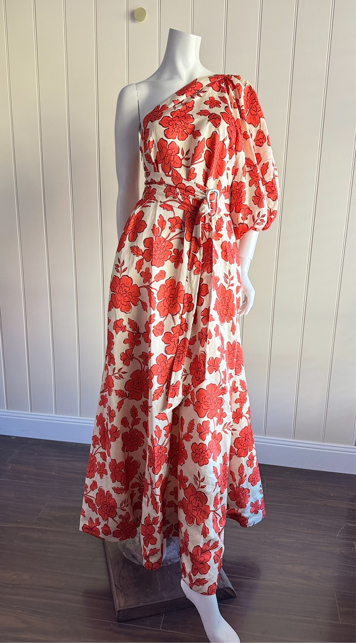 Hansen and Gretel Carmen Wildflower Maxi Dress Size S 8 10 One Shoulder Orange Red Gold Beige