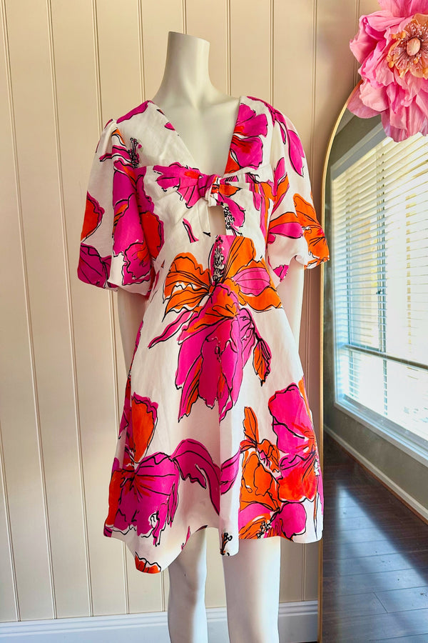 Aje Overflow Knotted Mini Dress size 12 Pink Orange and White Short Puff Sleeve
