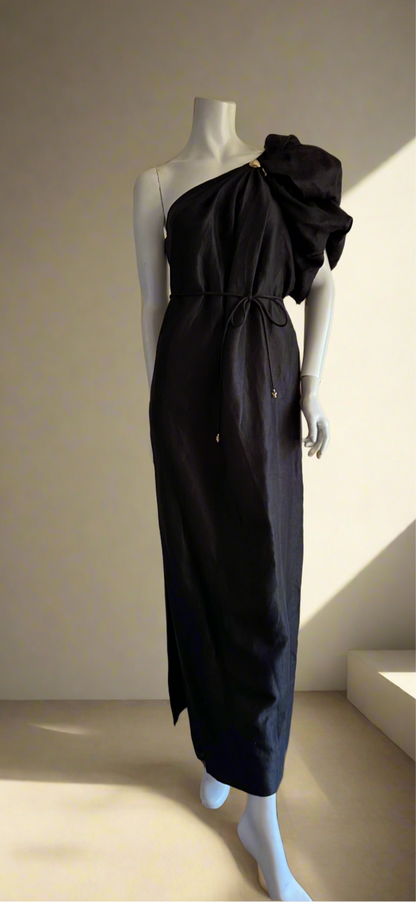 Aje Cira Midi Dress Size 10 Black One Shoulder