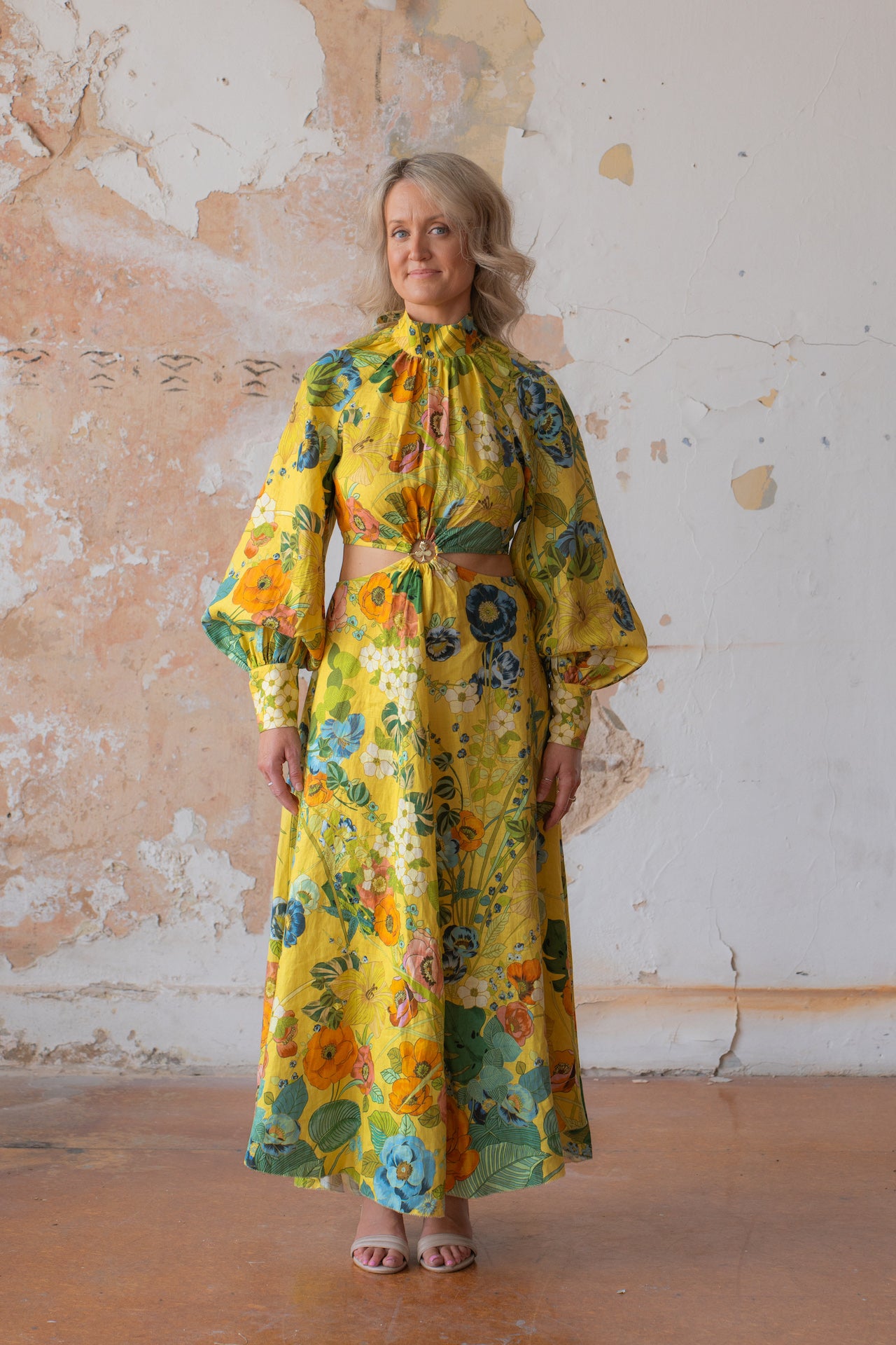 Alemais Cresida Midi dress Size 10 yellow Long sleeve