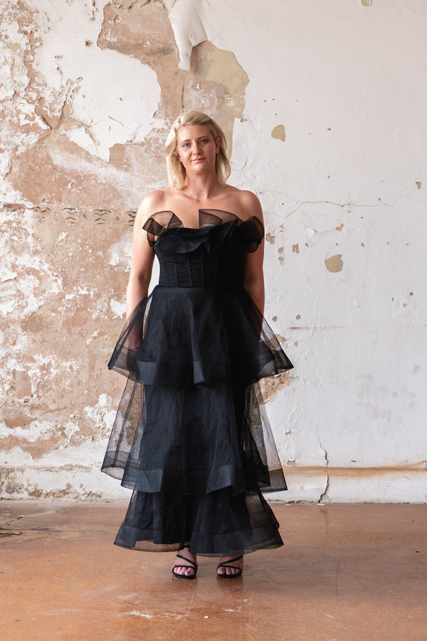 Bariano Kascade Tiered Ruffle Midi Maxi Dress Black Size Au 14