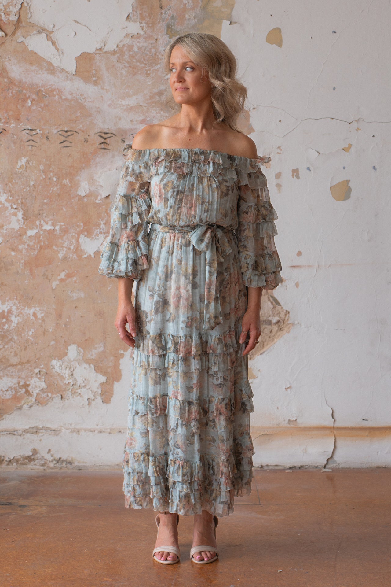 Zimmermann Silk Midi Dress Size 10 Floral off shoulder 3/4 sleeve