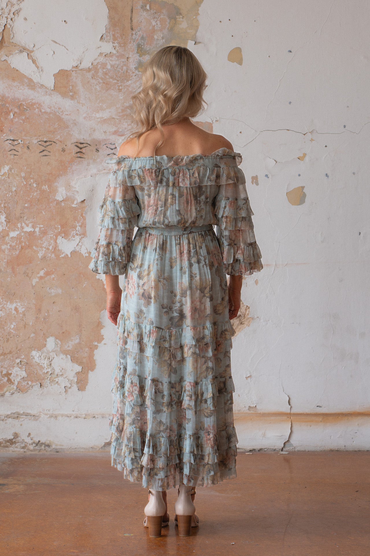 Zimmermann Silk Midi Dress Size 10 Floral off shoulder 3/4 sleeve