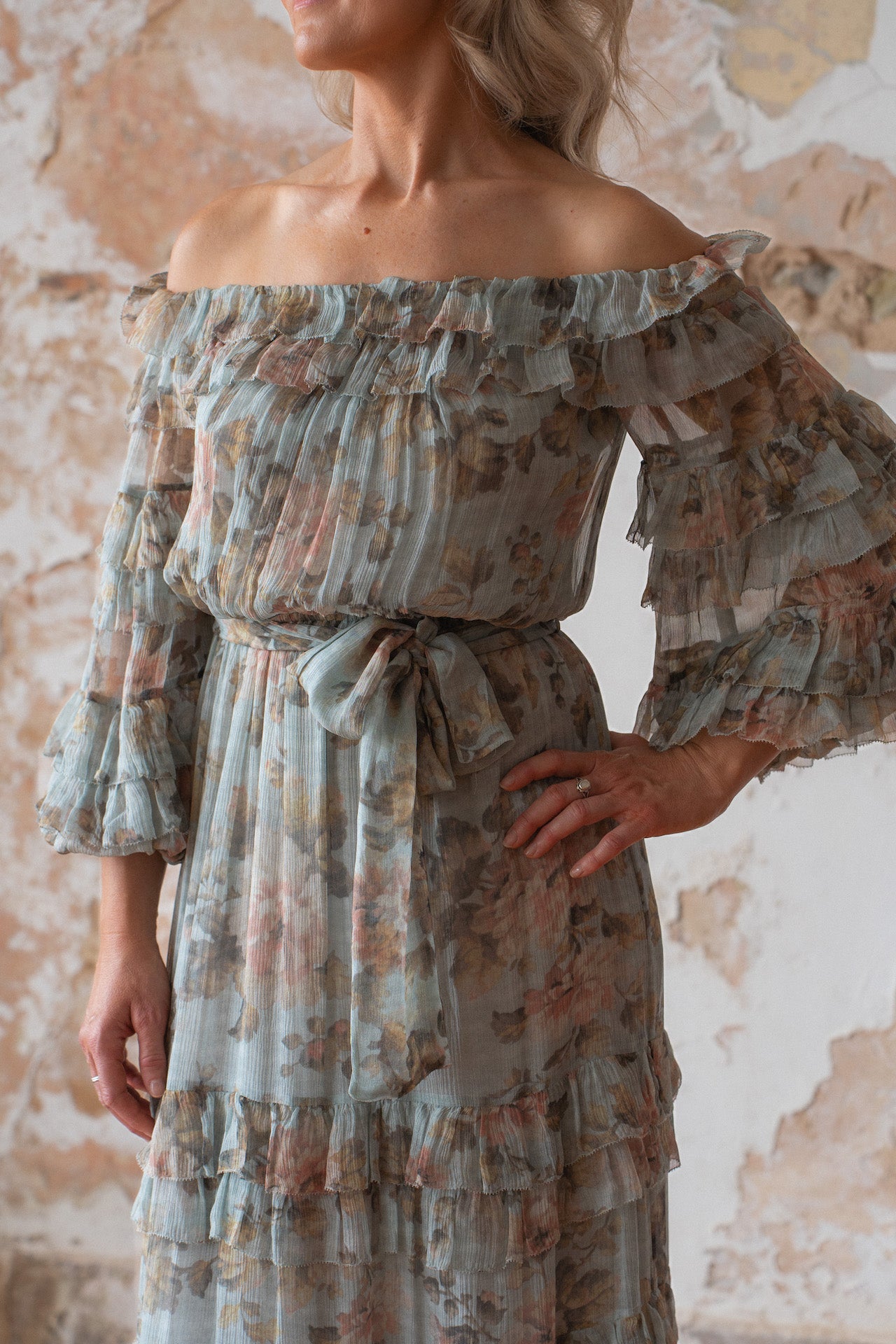 Zimmermann Silk Midi Dress Size 10 Floral off shoulder 3/4 sleeve