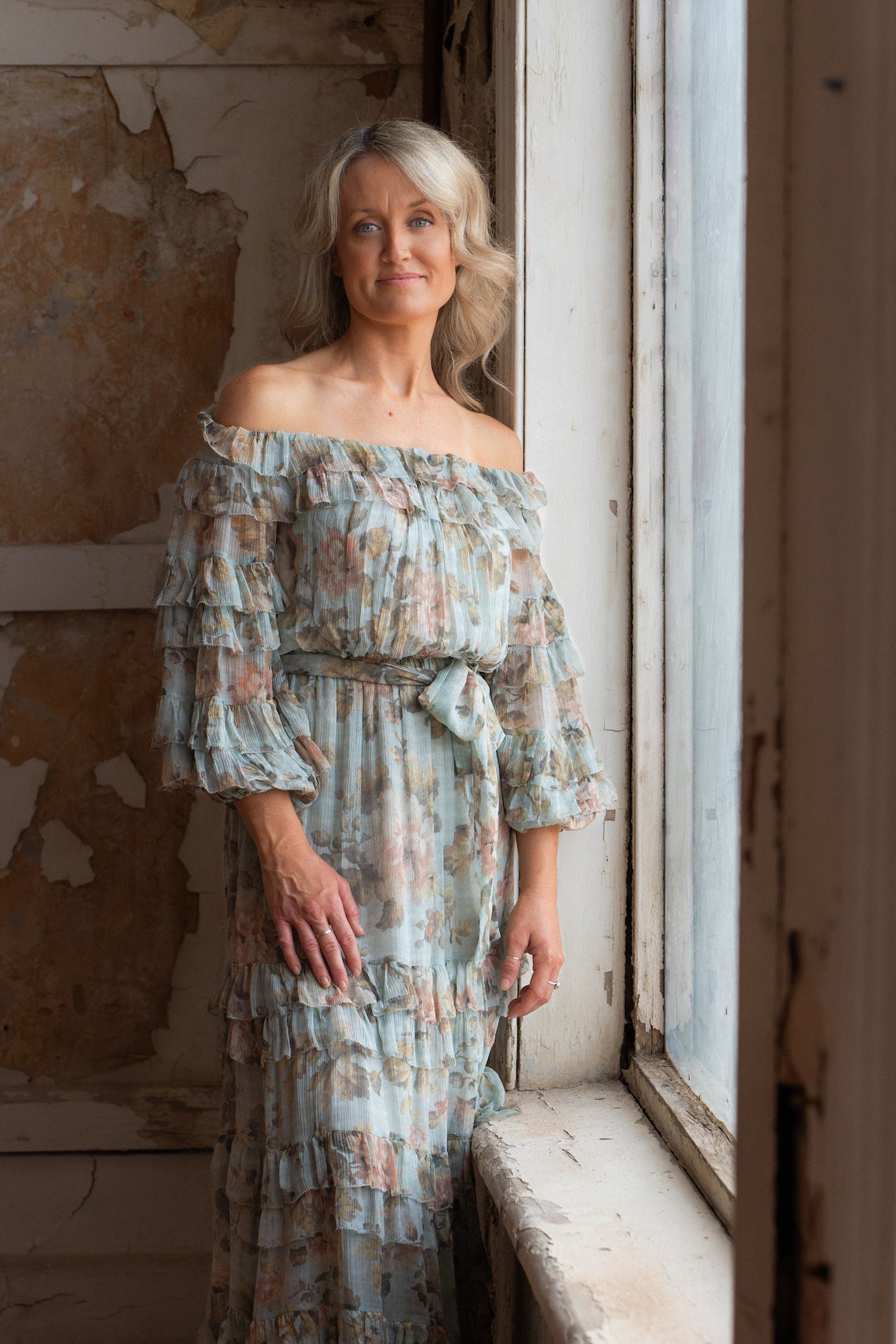 Zimmermann Silk Midi Dress Size 10 Floral off shoulder 3/4 sleeve