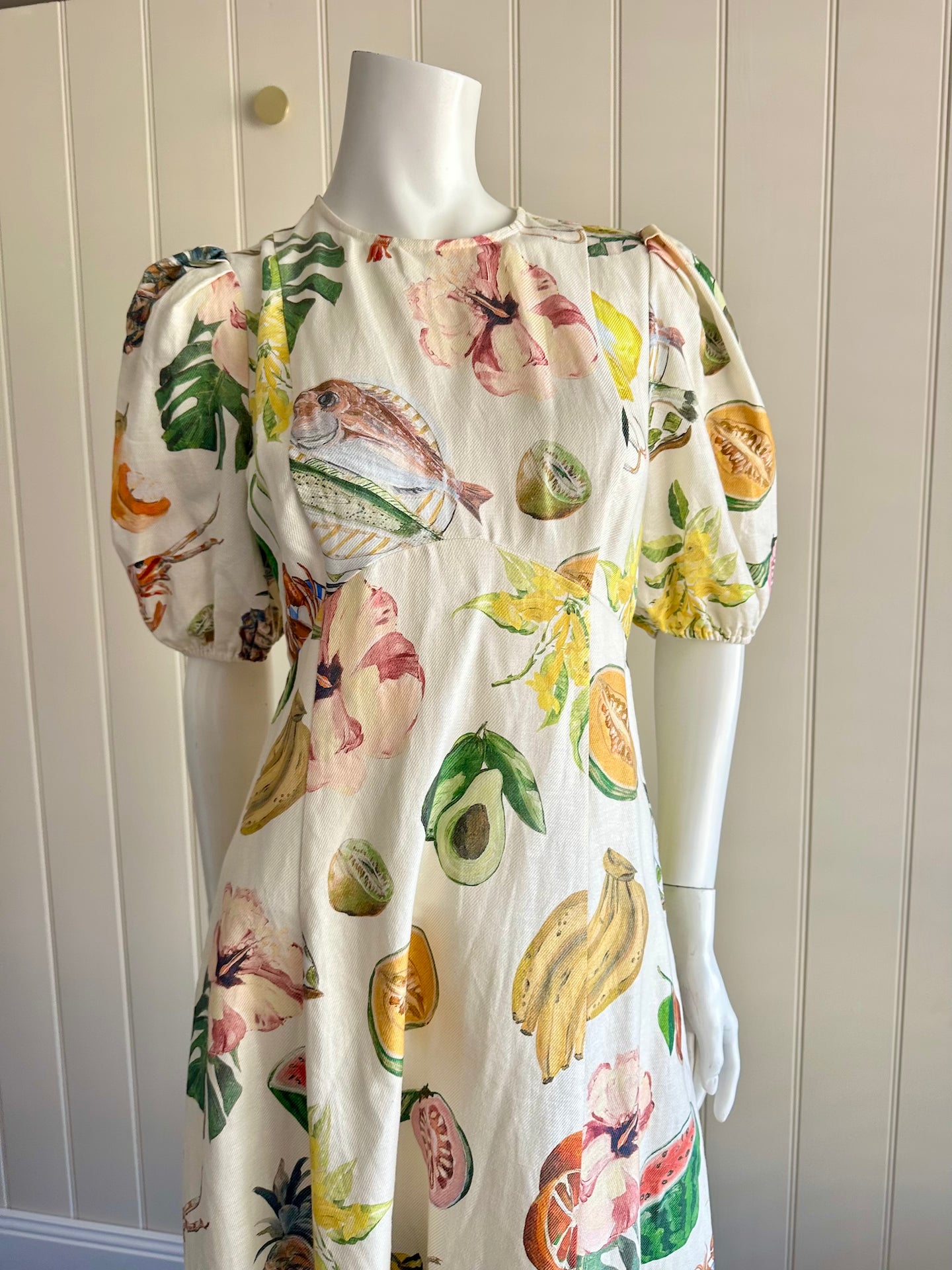 Alemais Theo Midi Dress Size 10 Short Puff Sleeve