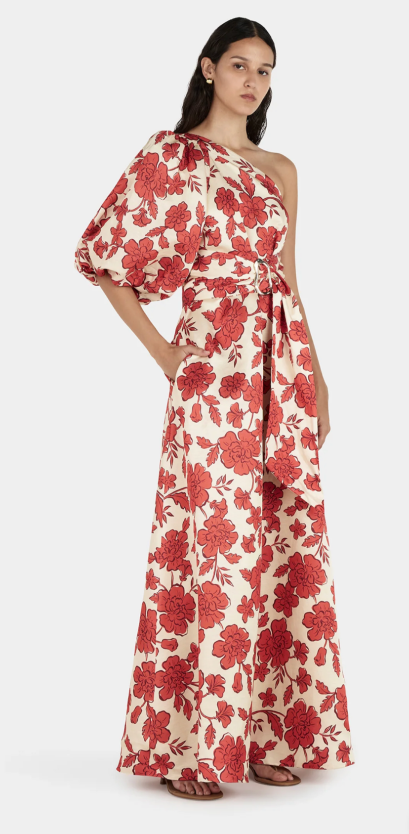 Hansen and Gretel Carmen Wildflower Maxi Dress Size S 8 10 One Shoulder Orange Red Gold Beige