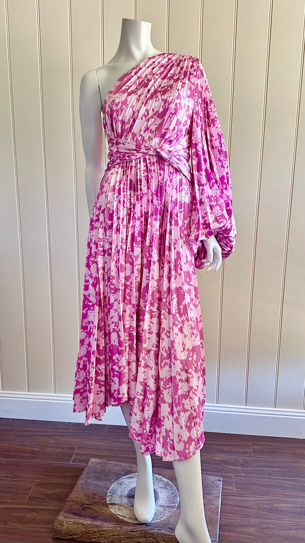 Acler Calais Pleated Midi Dress Size 8 One Shoulder Pink Purple Asymmetrical