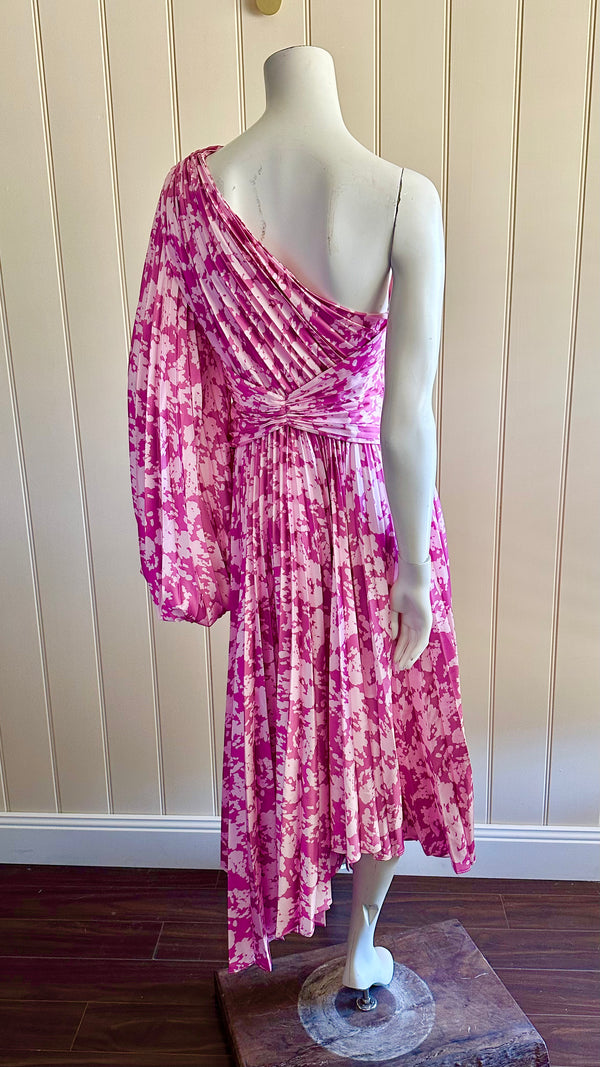 Acler Calais Pleated Midi Dress Size 8 One Shoulder Pink Purple Asymmetrical