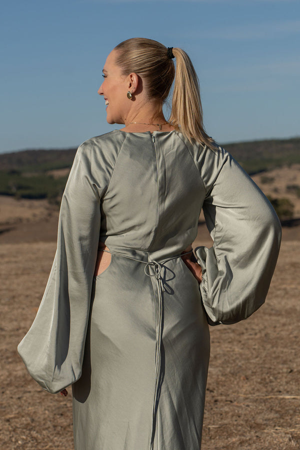 Significant other Maxi dress size 12 Long Balloon Sleeve steel blue Cutouts