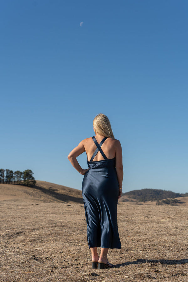 Acler edenbridge Midi Dress Size 16 Navy blue Drape Cowl neck