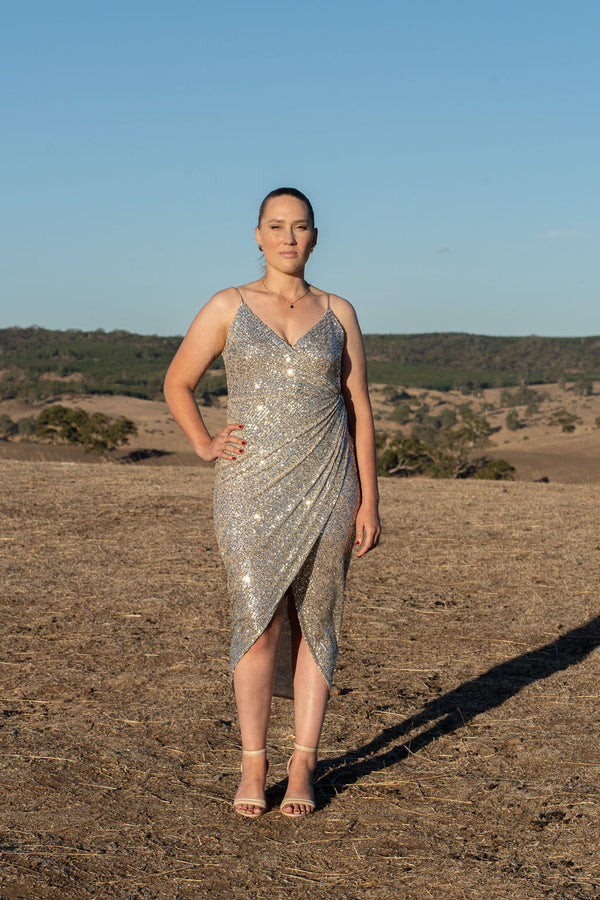 Shona Joy Soiree Cross Over Drape Front Midi Dress Size M 12 Sequin Sparkle Silver