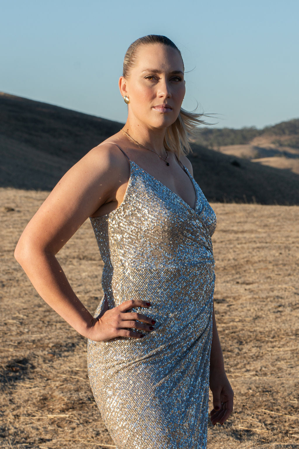 Shona Joy Soiree Cross Over Drape Front Midi Dress Size M 12 Sequin Sparkle Silver