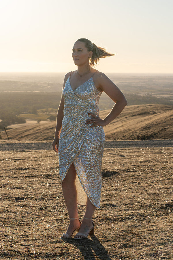 Shona Joy Soiree Cross Over Drape Front Midi Dress Size M 12 Sequin Sparkle Silver