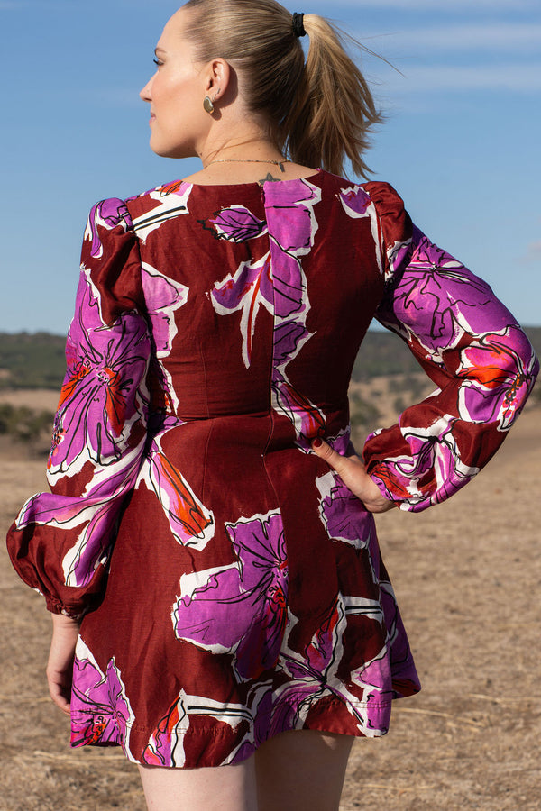 Aje Inflorescence Mini Dress Size 8 Bold Hibiscus Burgundy Pockets