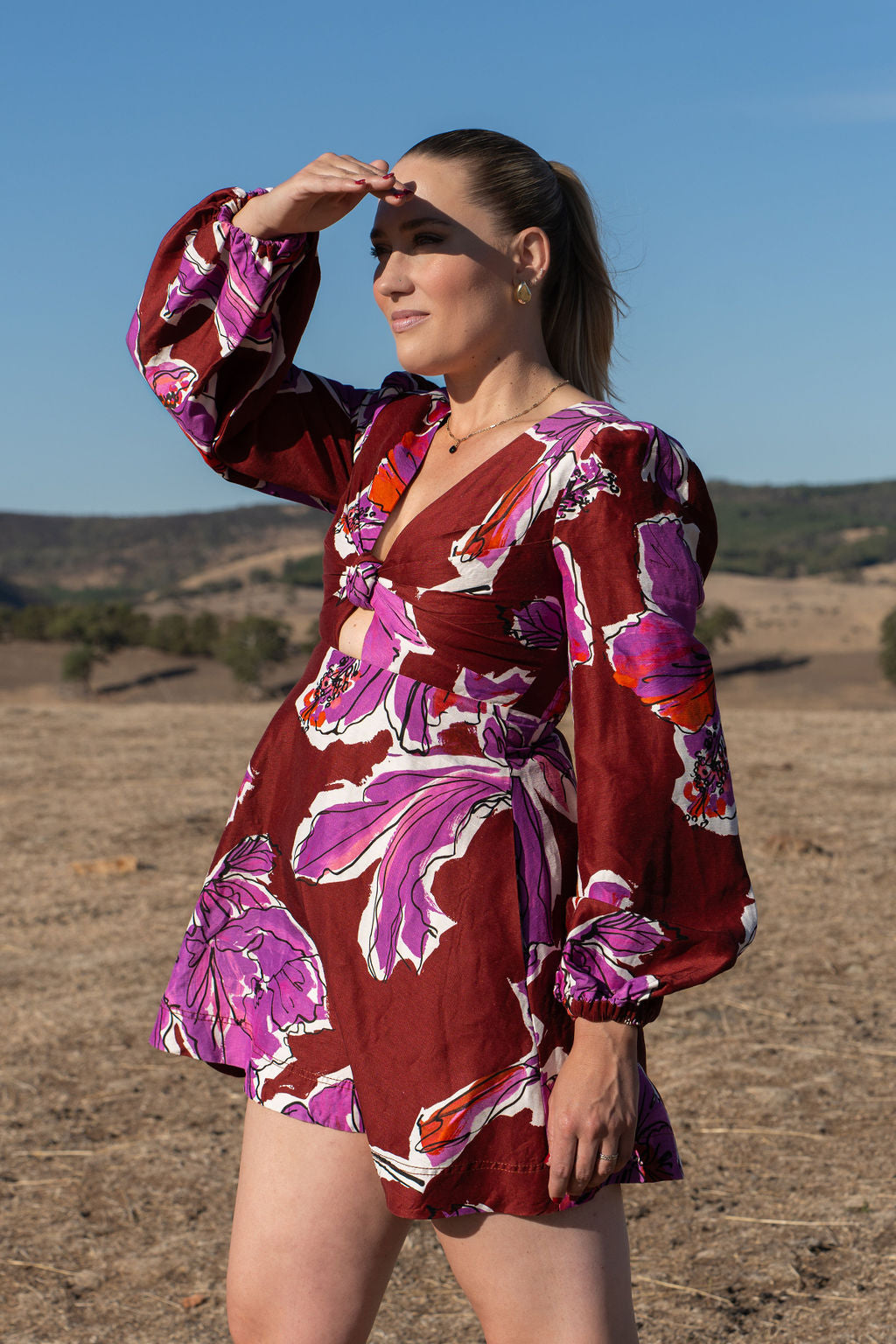 Aje Inflorescence Mini Dress Size 8 Bold Hibiscus Burgundy Pockets