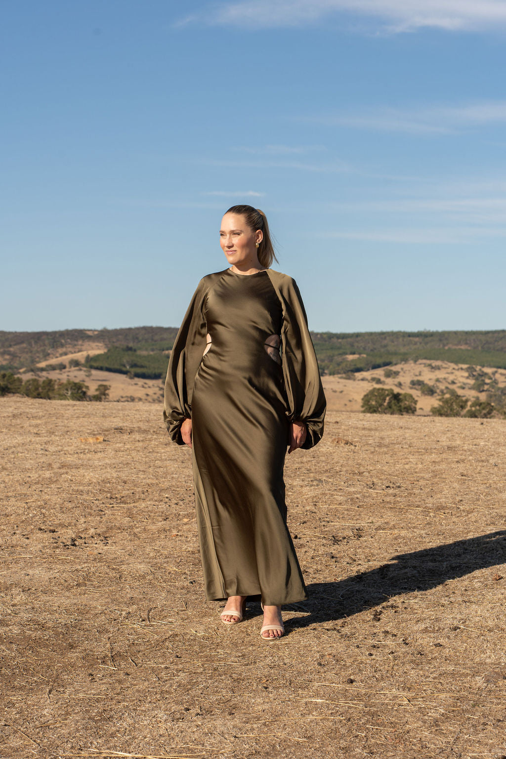 Significant other Maxi dress size 10 Long Balloon Sleeve Olive green Cutouts