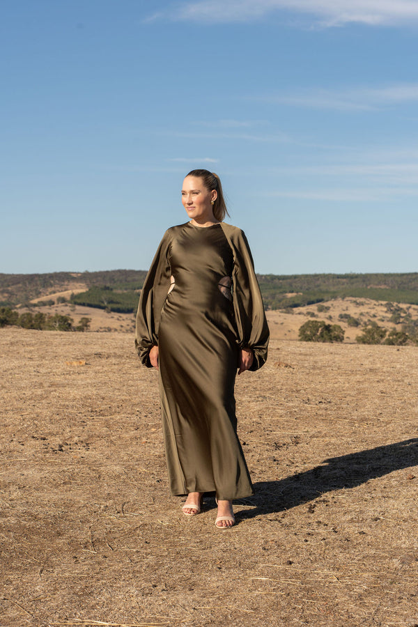 Significant other Maxi dress size 10 Long Balloon Sleeve Olive green Cutouts