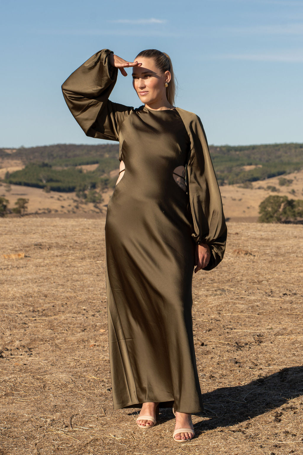 Significant other Maxi dress size 10 Long Balloon Sleeve Olive green Cutouts