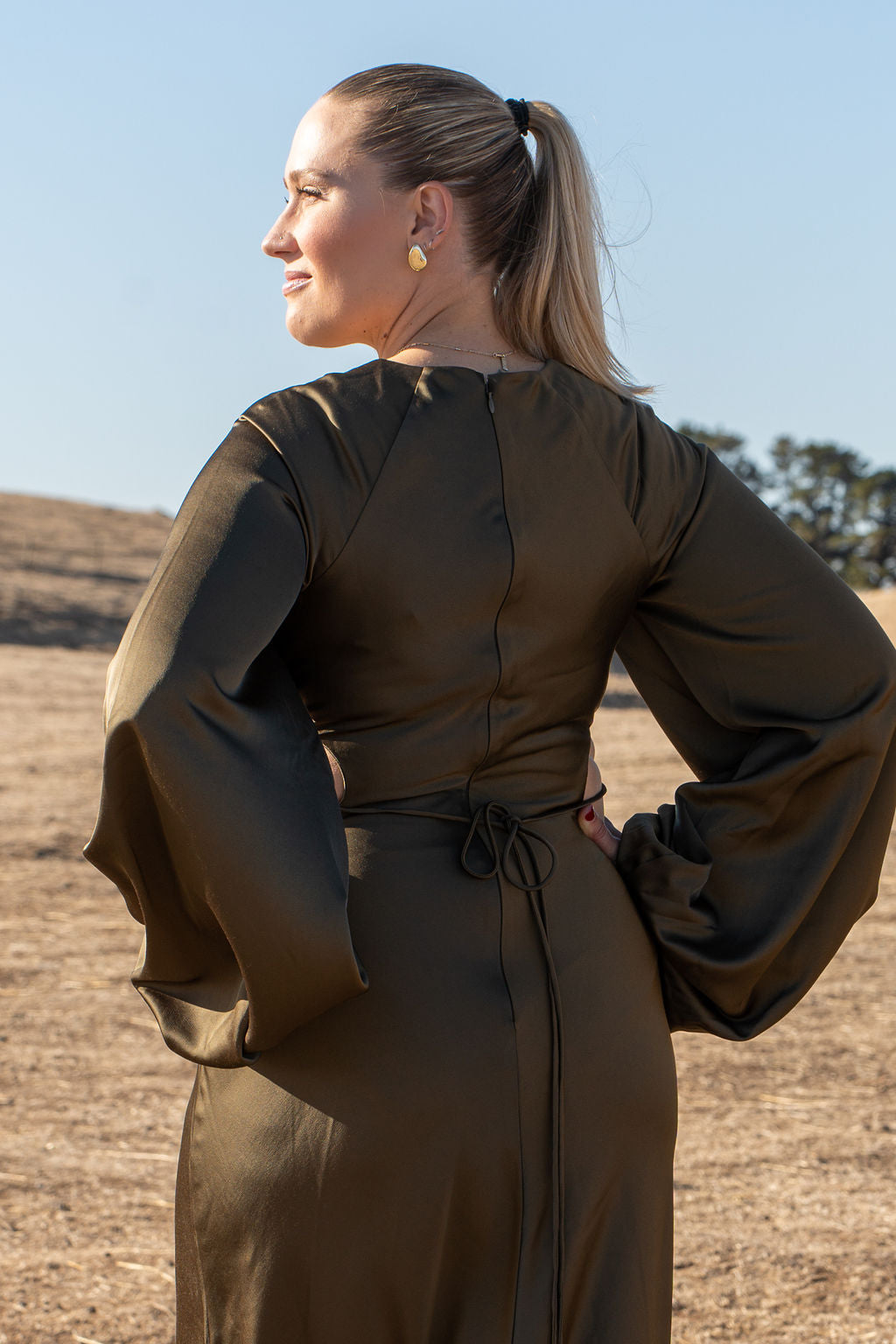 Significant other Maxi dress size 10 Long Balloon Sleeve Olive green Cutouts