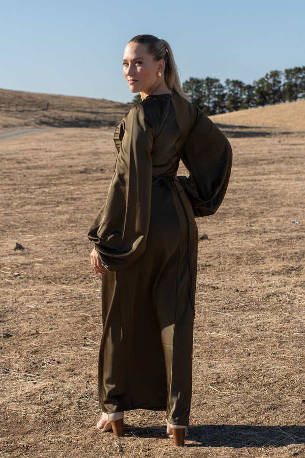 Significant other Maxi dress size 10 Long Balloon Sleeve Olive green Cutouts