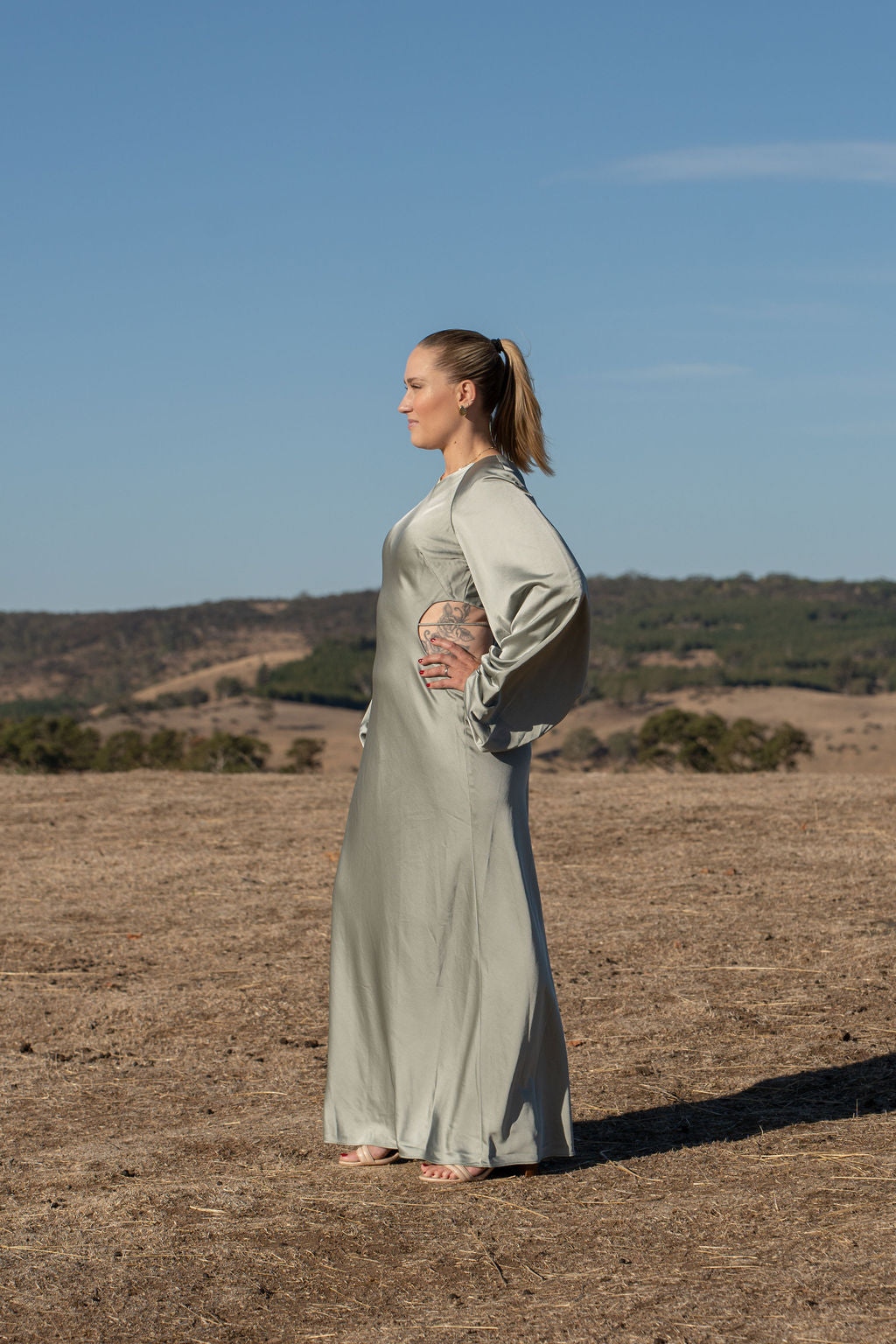 Significant other Maxi dress size 12 Long Balloon Sleeve steel blue Cutouts
