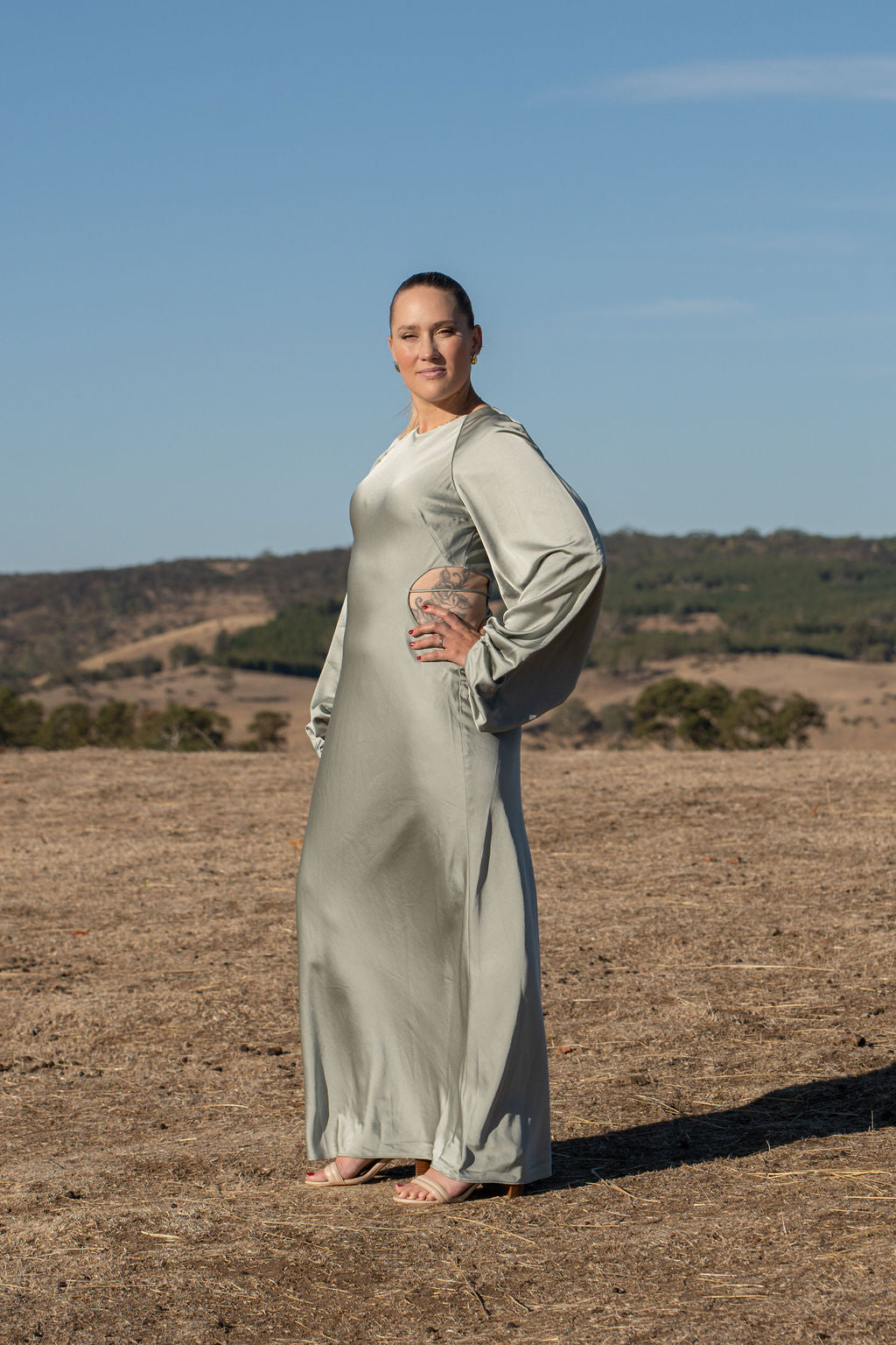 Significant other Maxi dress size 12 Long Balloon Sleeve steel blue Cutouts