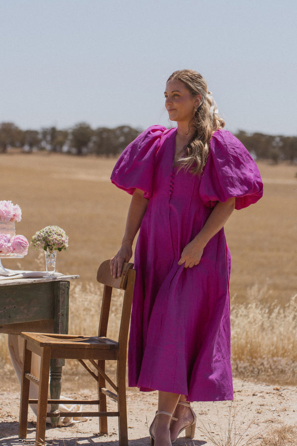 Aje Dusk Puff Sleeve Midi Dress Size Xl 16 Deep Magenta