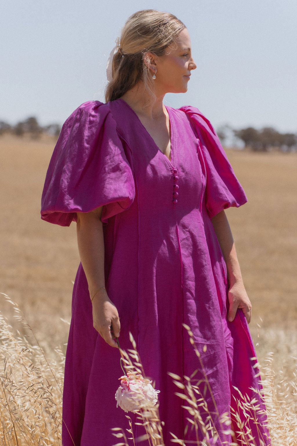 Aje Dusk Puff Sleeve Midi Dress Size Xl 16 Deep Magenta